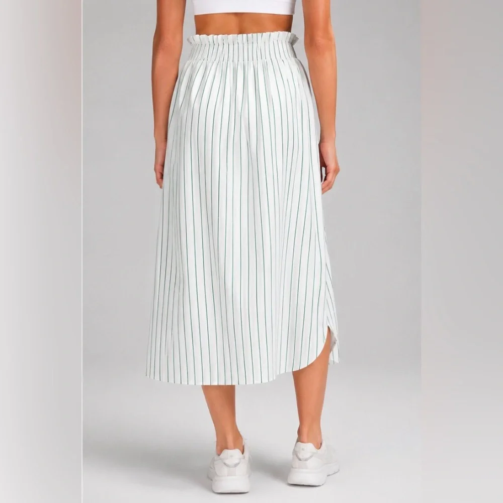 Lululemon Stretch Woven Ruffle-Waist Midi Skirt Size L Green Stripe NWT LW8APLS